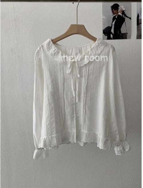 mew room 法式優雅娃娃領蕾絲襯衫 荷葉邊綁帶白上衣