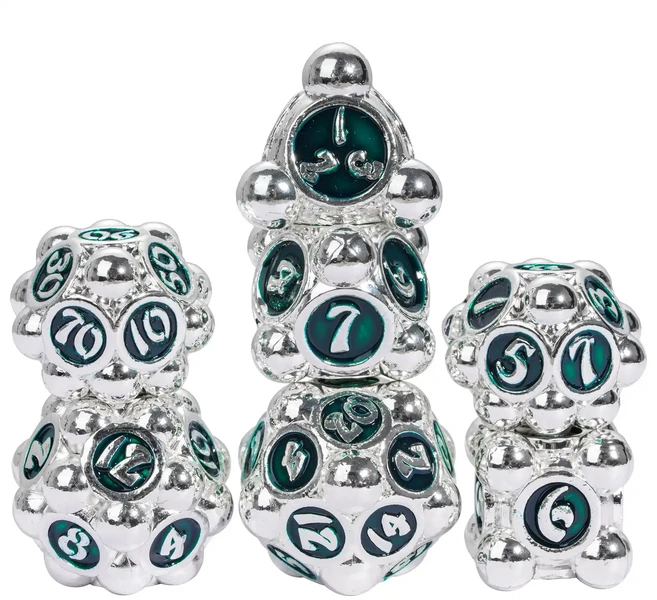 Cusdie 폴카 도트 금속 주사위 세트 DND D4-D20 던전 앤 드래곤 패스파인더 역할 놀이 보드 게임용 다면, 01 China Mainland, 07 Silver Green