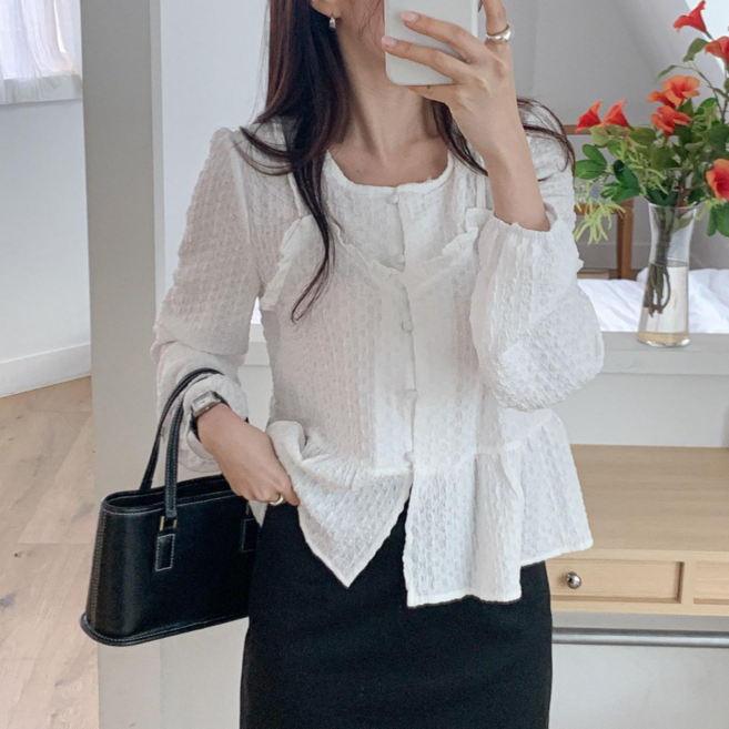 여성용 프릴 레이어드핏 페미닌 긴소매 블라우스