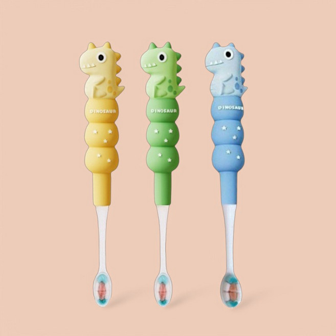 멜로우두두 KC인증 어린이 아기 캐릭터 칫솔 3종세트, 1세트, 3매입, 블루 D 공룡 세트