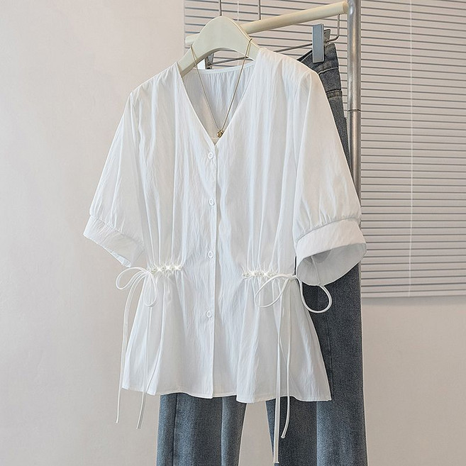 여성용 빅사이즈 루즈핏 반팔 블라우스 브이넥 벨트 비즈 긴팔 셔츠