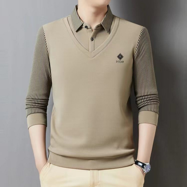 스트라이프 폴로 셔츠 남봄가을 중년 아빠 루즈핏 캐주얼 터틀넥 상의 티셔츠 봄 가을 이너 카라넥 티셔츠
