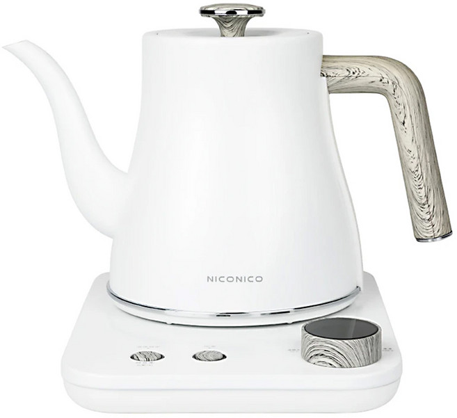 NICONICO 電子溫控手沖壺 雪幕白 NI-L2003W 0.8L 304不鏽鋼 寬口設計 輕鬆注水清潔
