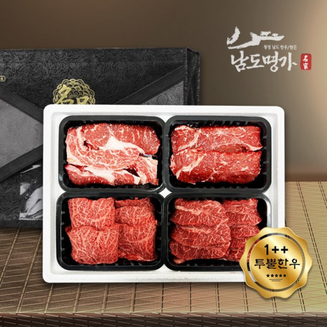 [남도명가] 1++등급 투뿔 한우 구이선물세트 등심300g+채끝300g+살치살300g+갈비살300g (1.2Kg/1++등급/냉장), 1개