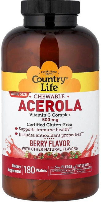 컨트리라이프 츄어블 아세로라 비타민C 복합체 베리 맛 500mg 웨이퍼 180개, 2개, 180정 - 쿠팡