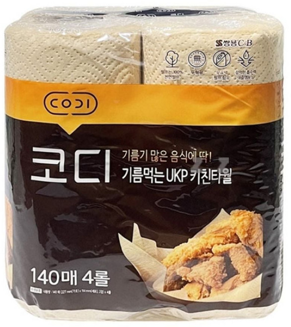코디 키친타올 주방 페이퍼 타올 키친타월 140매 4롤 pri+06758RX, 1개