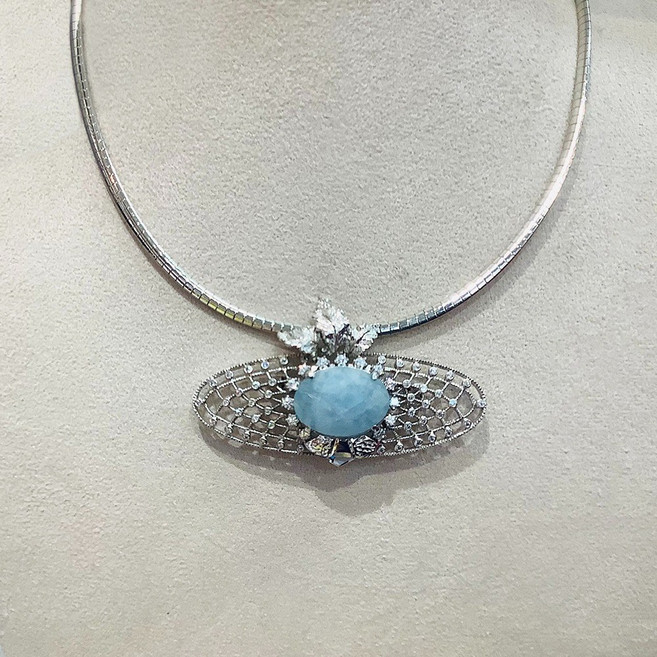 천연원석 3월 탄생석 아쿠아마린 남옥 실버 925 목걸이 겸 브로치 6.5×4cm