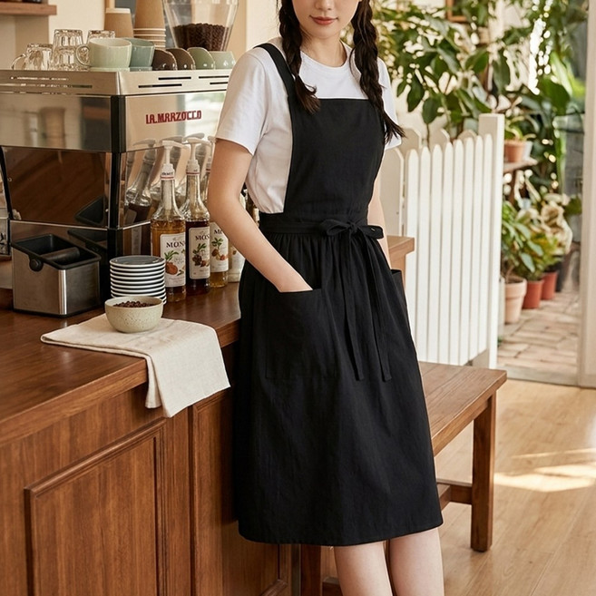 여성 여름 호텔 어린이집 주방 네일샵 카페 예쁜 원피스형 면 린넨 프릴 빅사이즈 앞치마, 블랙, 1개