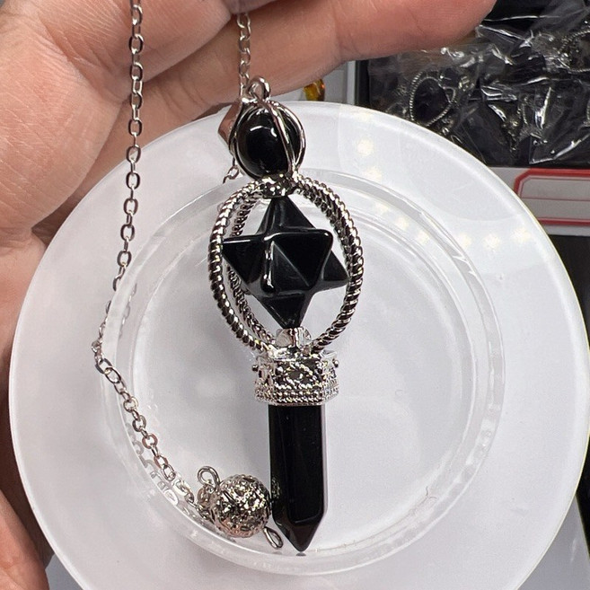 黑瑪瑙靈擺吊墜 半銀鑲嵌 星形設計項鍊