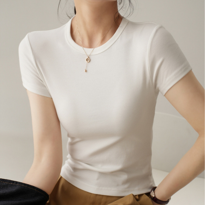 리바시안 여성 예쁜 핏 면 스판 기본 라운드 반팔티