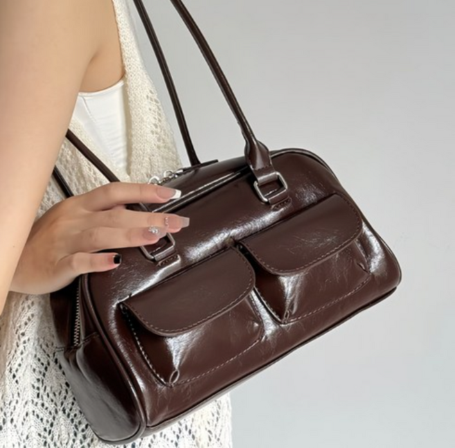 여성 숄더백 허윤진 동일 볼링백 여성용 바게트 숄더백 더블포켓 롱핸들 숄더백