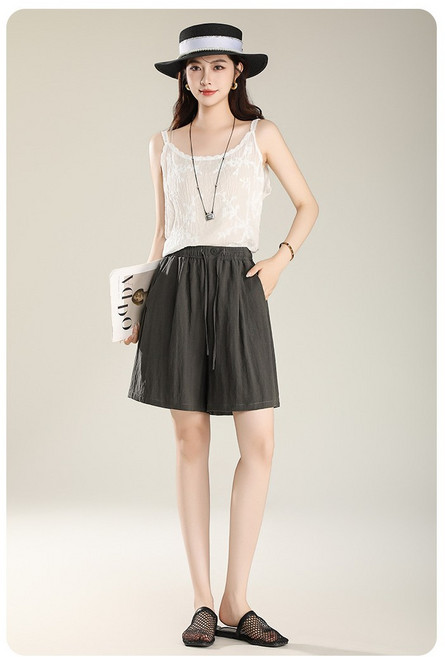 POMTOR 여성 텐셀 린넨 반바지 통기성 좋은 데일리 밴딩 팬츠