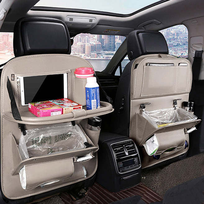 벤비아믹스 차량용 가죽 킥커버 멀티 테이블 수납 정리함 포켓 태블릿 거치 발자국 방지 00378, 1개, 바닐라 베이지