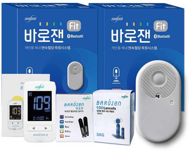 한독 바로잰 핏 fit 연속 무채혈 혈당 측정기 15일 2세트(총 30일)+바로잰 혈당 당뇨 측정기 시험지 용품 1세트, 1개, 본품2개+혈당측정세트