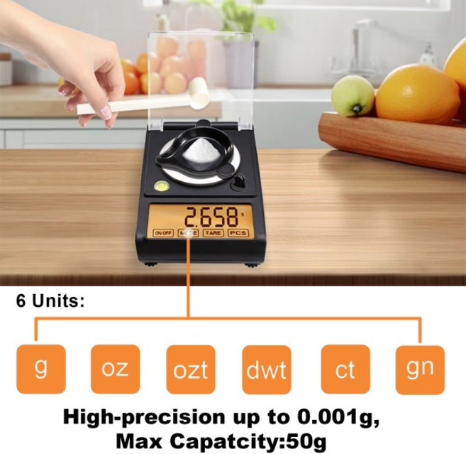 미세저울 디지털체중계 초미세 6 0.001g 터치 쥬얼리 용기 골드 랩 단위 50g 보정 LCD 무게 밀리그램, 1개