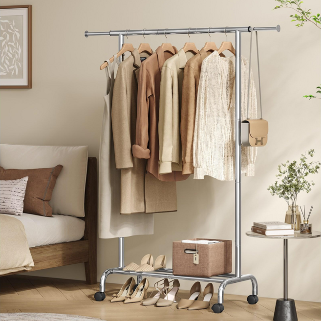 SONGMICS 튼튼한 다기능 수납 스탠드 이동식 철제 행거, 실버