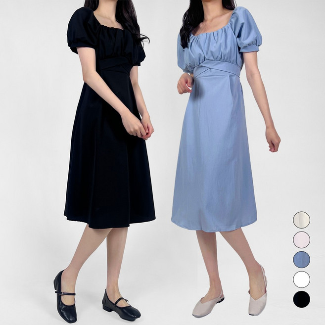 이황에프엔씨 여성 무지 퍼프 미디 스퀘어넥 리본 반팔 셔링 플레어 A라인 원피스 (7158-1)