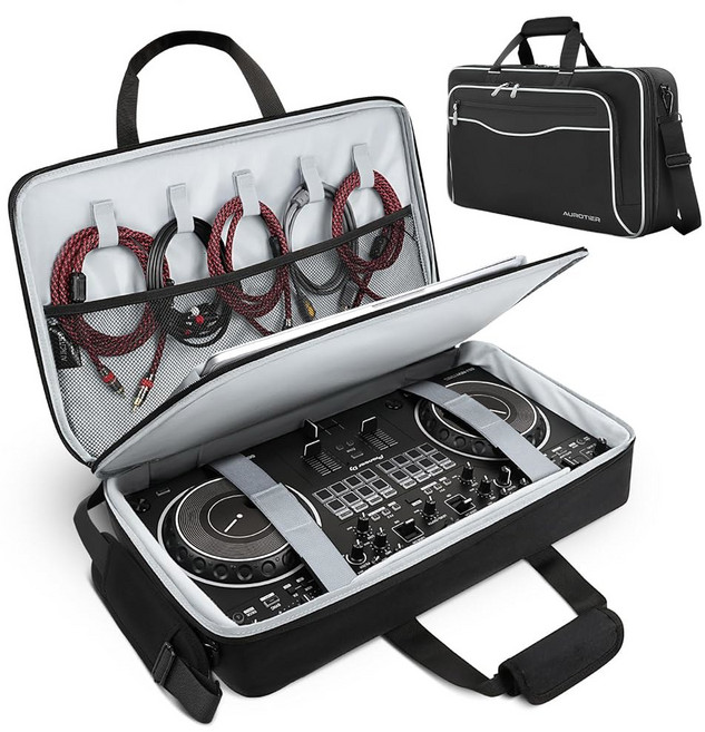 DDJ-FLX4/DDJ 200/DDJ 400/DDJ REV1용 AUROTIER DJ 백 17 3인치 노트북용 포켓 4개 패딩 컨트롤러 크로스바디 케이블 장비용 어깨끈 조절 가능, Grey, 회색.
