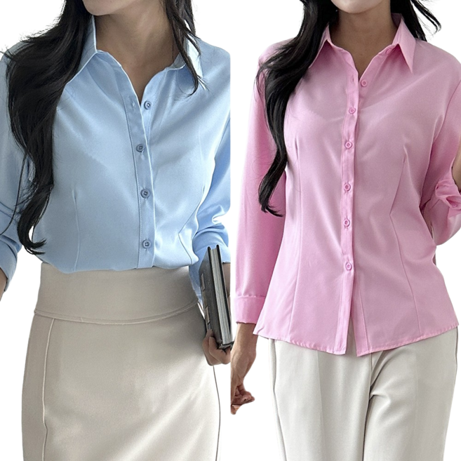 [1+1] 로로비 여성 스판 슬림핏 셔츠 화이트 블랙 블루 핑크 블라우스