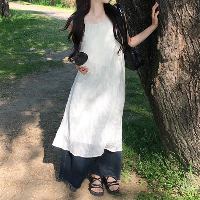 [주문폭주/속이너O/뒷밴딩/부유방뱃살커버]라운드넥 쉬폰롱 원피스(키작녀키큰녀 빅사이즈 모리걸룩 여름옷 레이어드 민소매나시상의 오버핏셔츠 꾸안꾸캐주얼직장인룩 휴양지바캉스 블라우스)