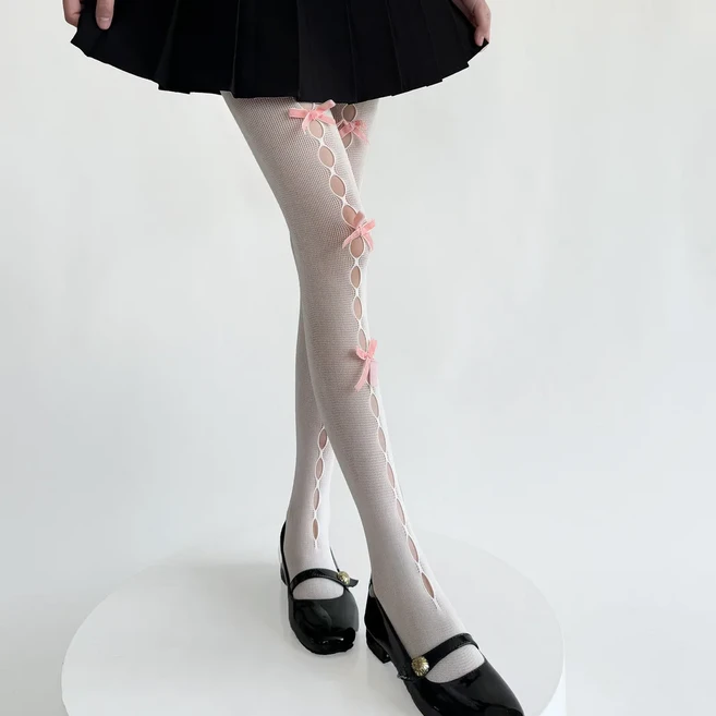 쿠쿠스토어 여성 3 Bowknot 스타킹 속이 빈 Fishnet 메쉬 여름 얇은 벨벳 보우 로리타 일본 Y2k 소녀 팬티