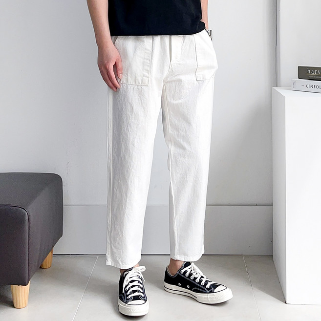 맨즈에버 여름 린넨 남자 퍼티그 밴딩 9부 바지 와이드 팬츠