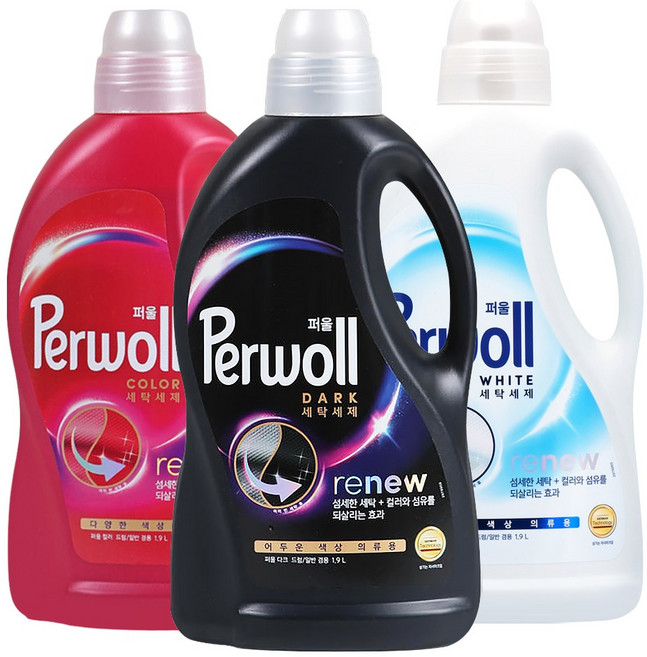 퍼울 세탁세제 다크+화이트+컬러 / 어두운 의류용 컬러세탁 섬유 회복세제 -T.C, 3개, 1.9L