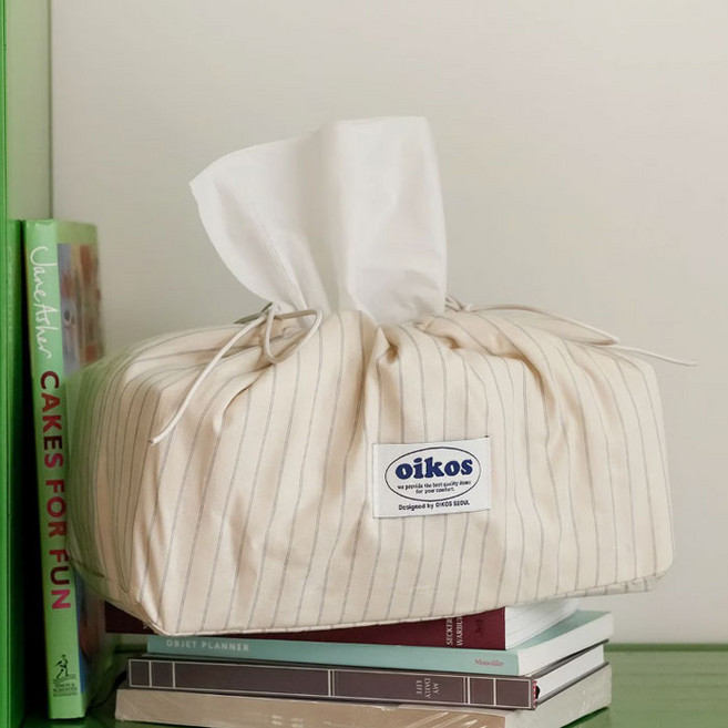 오이코스 스트라이프 티슈커버 파우치겸용 면100% 누빔 국산제작, 크림, 1개