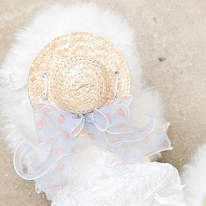 멜로우테일 강아지 고양이 블루 쉬폰 밀짚모자, 1개, 도트블루