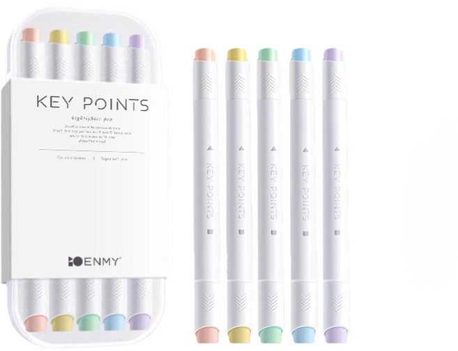 듀얼팁 형광펜 5색 1세트 케이스 포함 | 굵은팁+가는팁 양면 하이라이터 | 노트정리 다이어리, 5개, 마카롱