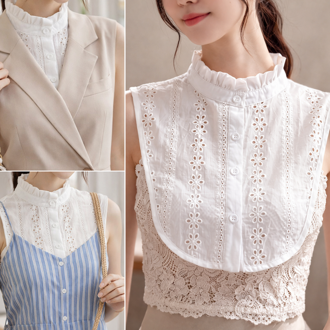 글로윅 여성 순면 레이스카라 레이어드 블라우스 페이크 카라