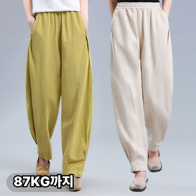 여성 오버핏 린넨 와이드 팬츠 여름 허리 밴딩 일자 조거 바지 빅사이즈