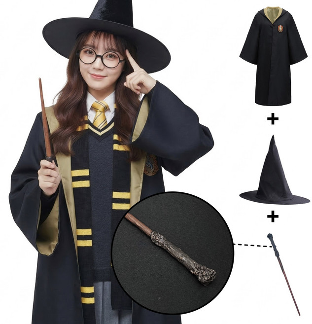 [청춘교복] 고퀄리티 해리포터 지팡이 3종세트 로브+모자+지팡이 코스프레 할로윈 마법사 졸사 졸업사진