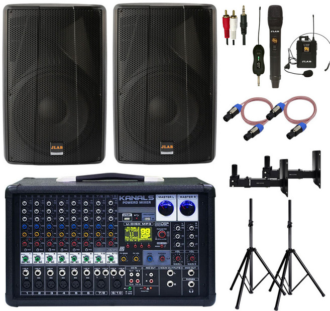 교회음향 교회스피커 행사용 공연용 강당스피커 앰프 세트, 15인치 2개 800W 세트, 브라켓, 핸드+핸드