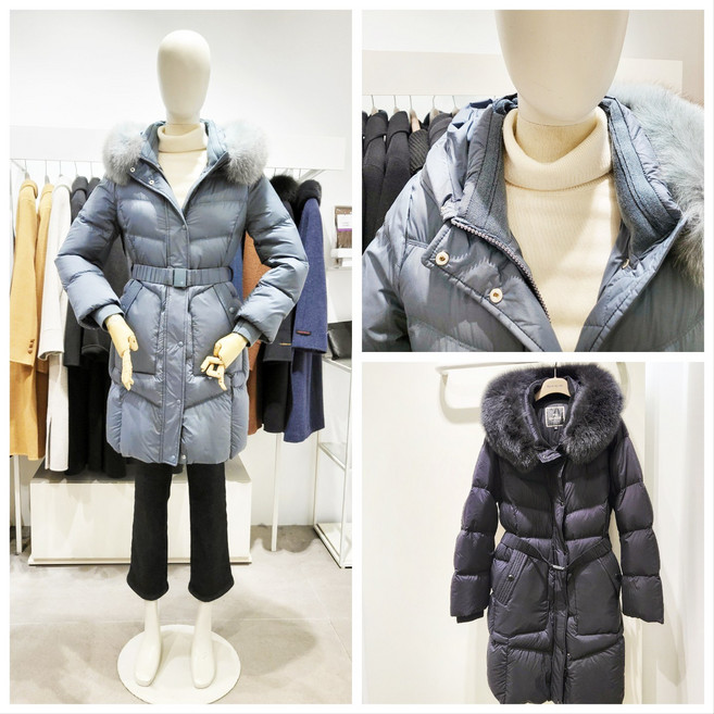 올리비아로렌 일체형 후드 탈착 폭스퍼 구스다운 거위털 벨티드 슬림 패딩 점퍼 nc청주점 vvpkd4wa361