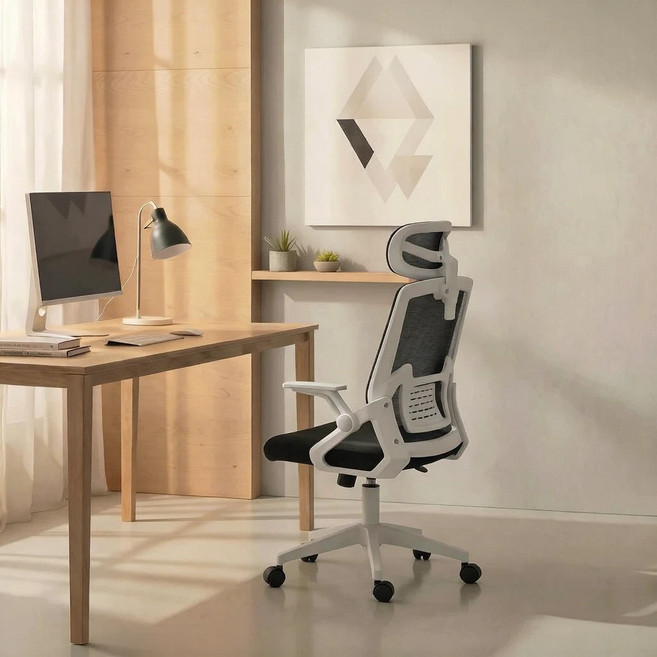 인체공학 메쉬 사무용의자 헤드레스트 요추지지 각도조절 90도 팔걸이 장시간 편안 재택근무 학습용 컴퓨터 책상의자, 블랙+화이트