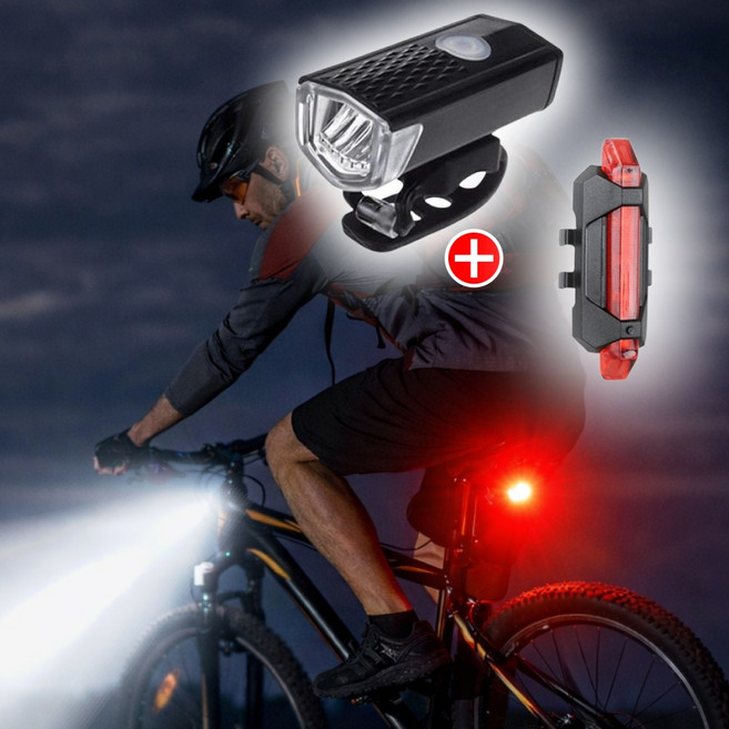안전귀가 자전거 LED 라이트 전조등 + 후미등 세트, 1세트, 블랙