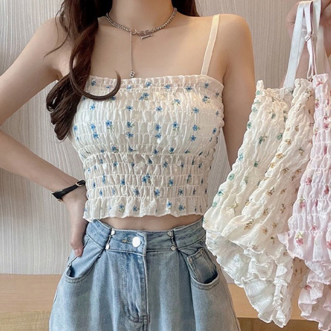 [패드포켓] 잔꽃무늬 스모크밴딩 크롭나시탑 (여름나시 캡 끈나시 슬리브리스 여성 민소매 브라탑 이너 봄 플라워패턴)