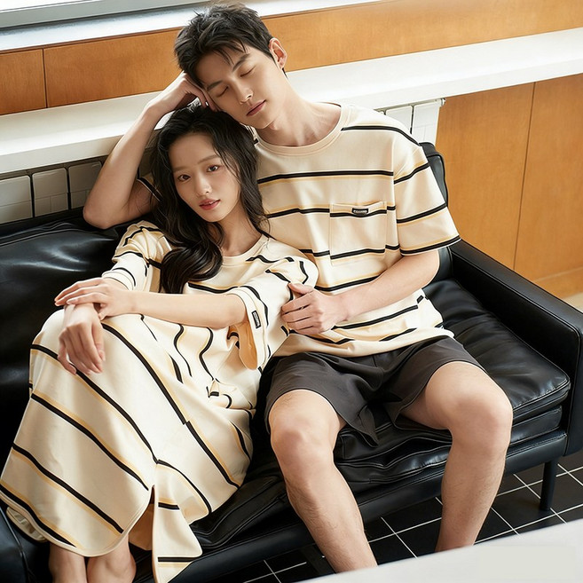 BIKASU 커플잠옷 순면 파자 마남녀 귀여운 신혼부부 세트 원피스 반팔