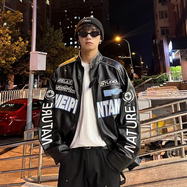 아로하스타일 힙한 스트릿 와펜 오버핏 가죽 자켓 JK995