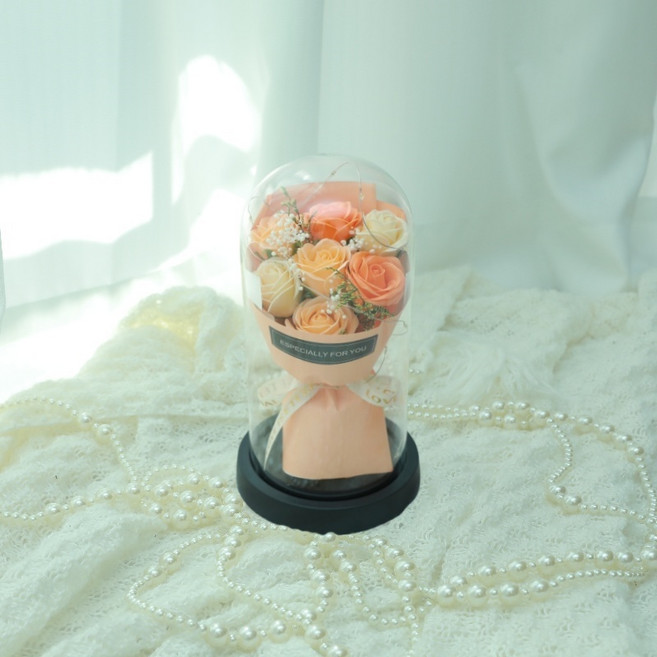 LUCKYOO 투명 유리돔 꽃다발 기념일 선물 LED 무드등 비누꽃 선물 세트, 오렌지, 1개