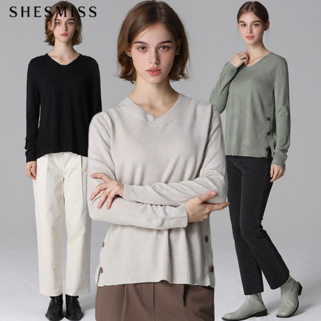 브이넥 사이드 버튼 니트