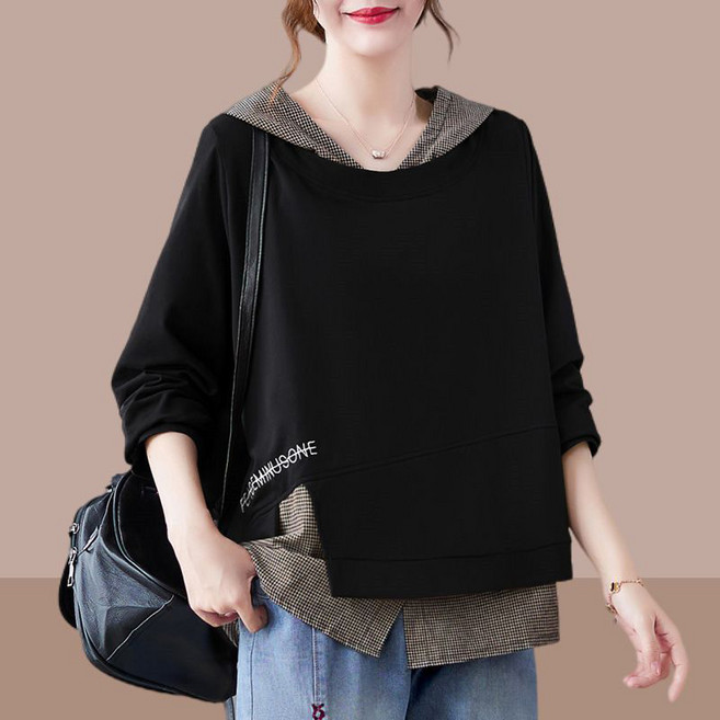 메인워크 중년여성 빅사이즈 후드티셔츠 긴팔 봄가을 간절기 스판 엄마룩 빈티지 데일리 패션 오버핏 아우터 상의