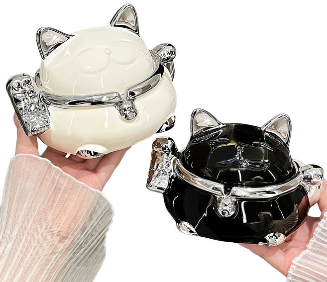 통통몰 고급 고양이 도자기 재떨이 뚜껑있는 재떨이, 1개, 화이트