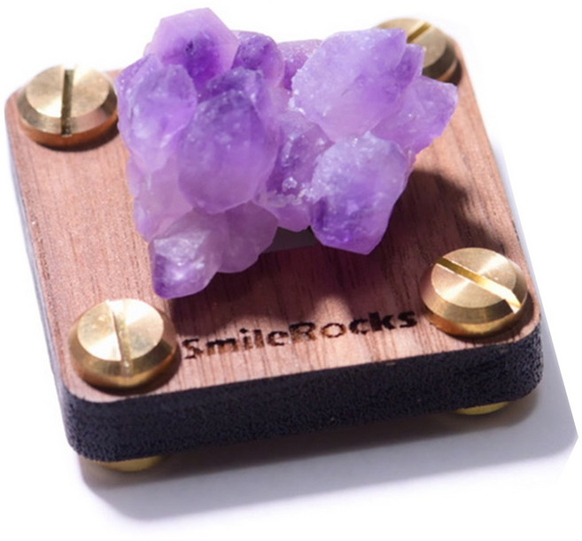 SmileRocks 紫羅蘭紫水晶簇 天然原礦 胡桃木底座 居家擺飾 3.0x2.8x2.1cm, 紫羅蘭紫水晶