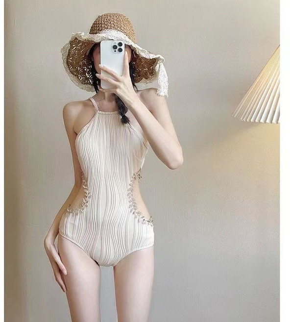 COSYEVNO 여성 홀터넥 컷아웃 모노키니 여름용 원피스 수영복 섹시 비키니 휴가 바캉스 LFHyy-13, 베이지