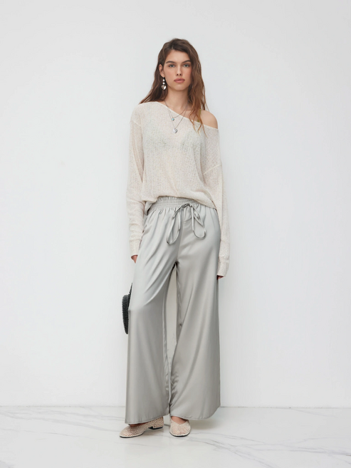 lauren Weal 여성 슬렉스 여름 바지 하이웨스트 주름 통기 캐주얼 와이드 빅사이즈 팬츠