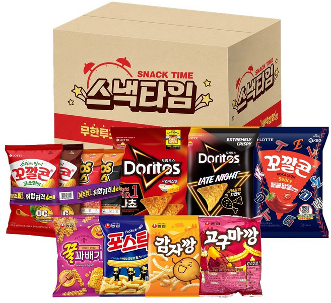 스낵타임 11종 봉지과자 간식세트 (꼬깔콘 치토스 도리토스 꿀꽈배기 포스틱 감자깡 고구마깡 등), 1세트, 543g