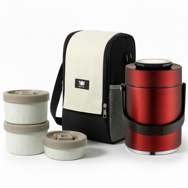 코코리브 3단 대용량 스테인리스 보온보냉 도시락 보온백 세트, 1개, 레드