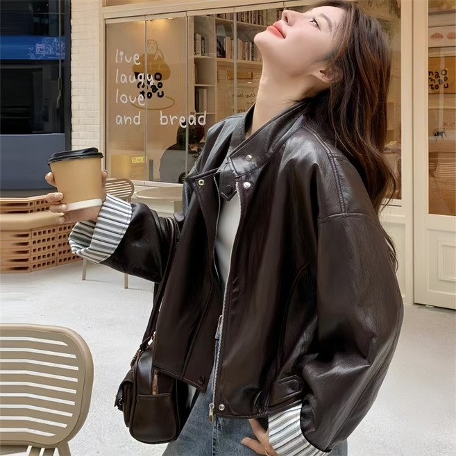 여성 봄 가을 루즈핏 빅사이즈 점퍼 빈티지 데일리룩 레더 재킷 코트